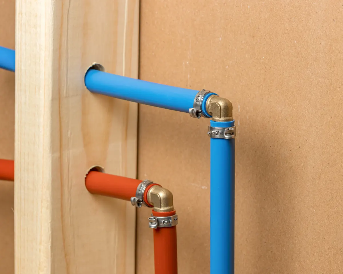 Finished blue and red PEX-A lines with brass fittings running through wall studs