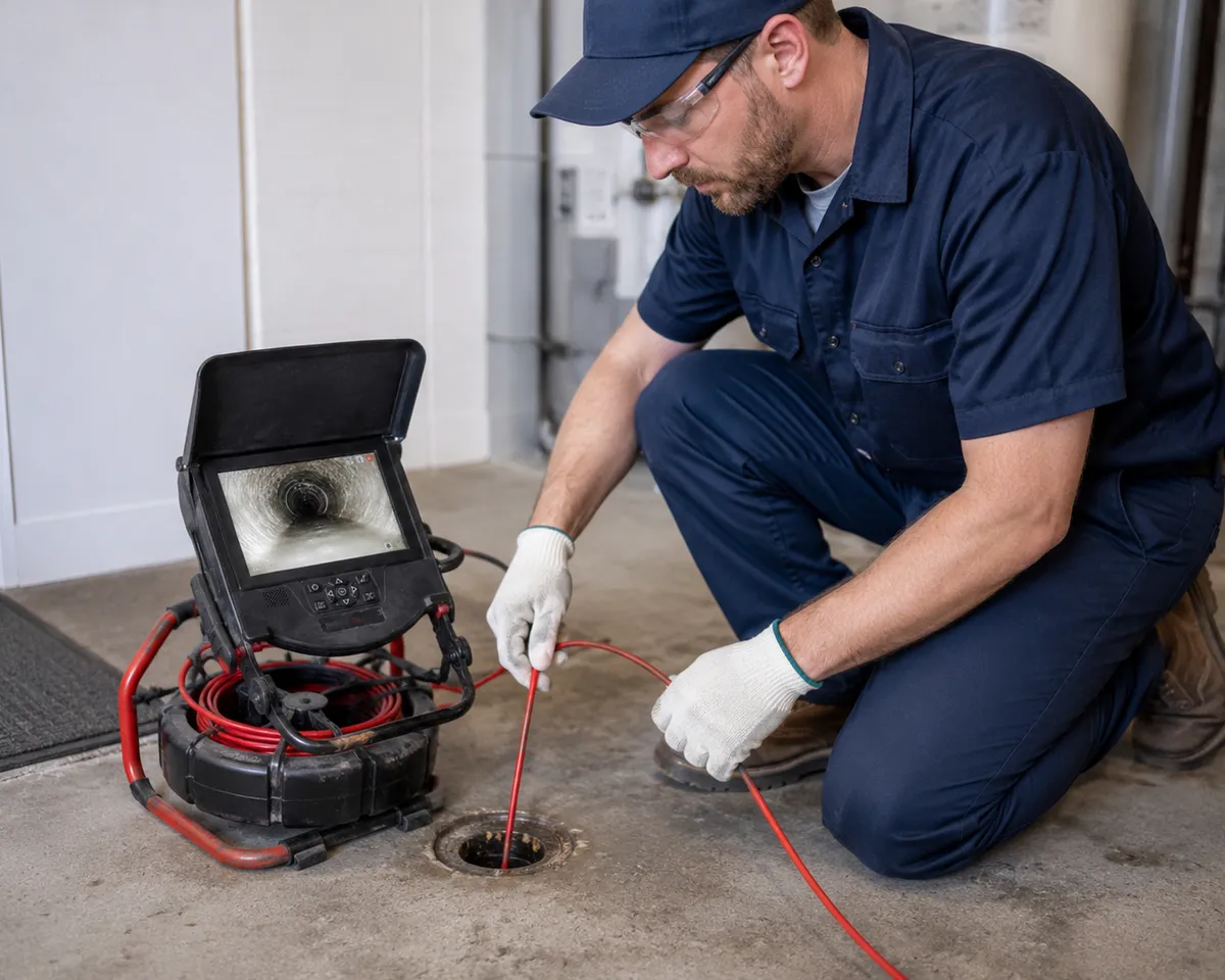 Plumber feeding a sewer inspection camera into a floor cleanout