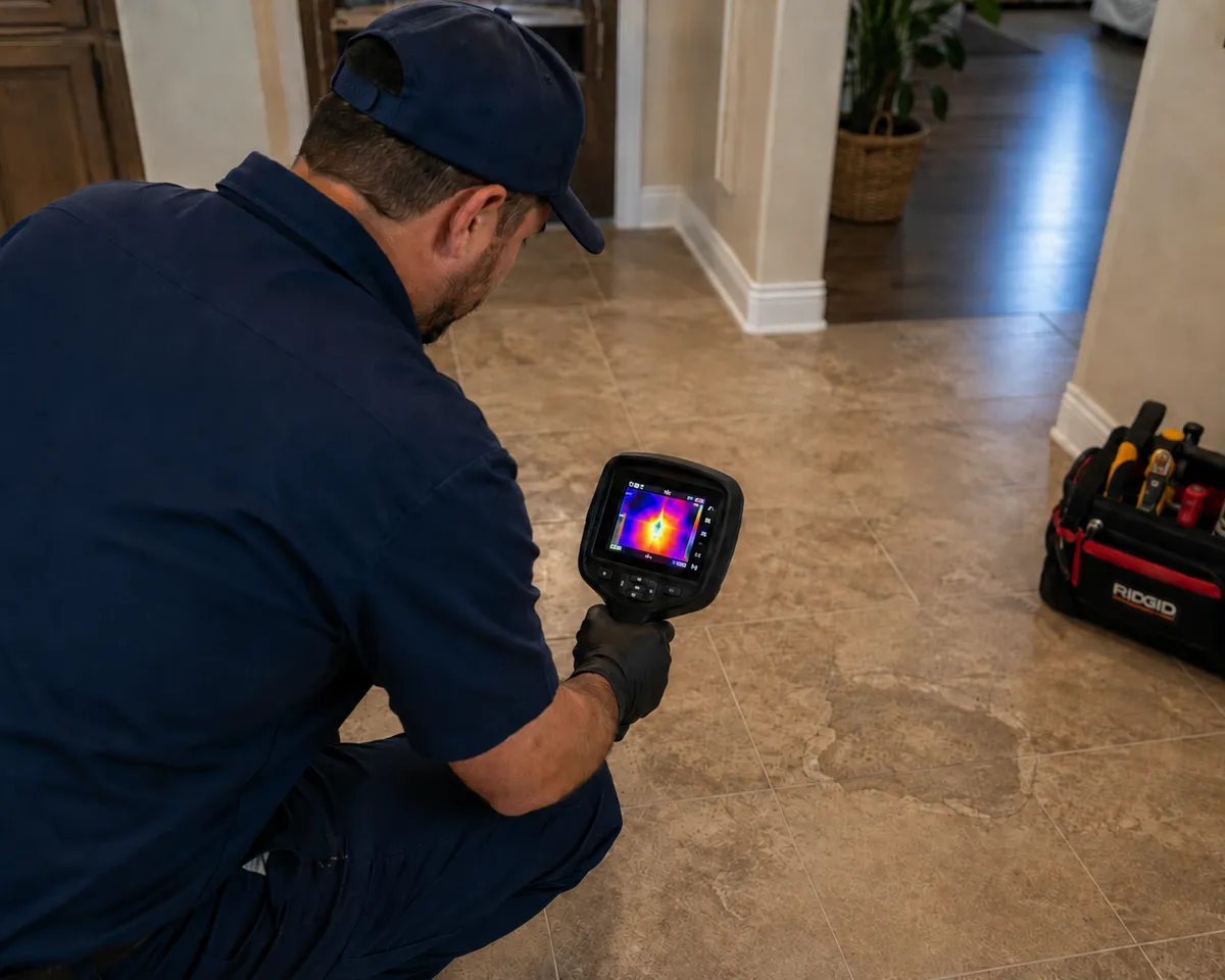 Plumber using a thermal imaging camera to locate a slab leak under the floor