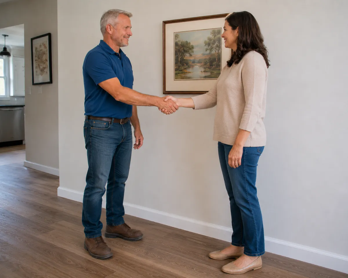 Repipe contractor shaking hands with a homeowner in their home