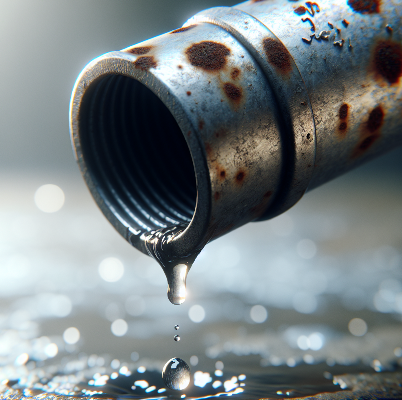 A close-up of a pipe with water droplets forming and dripping from its lower edge, highlighting the source of the leak.